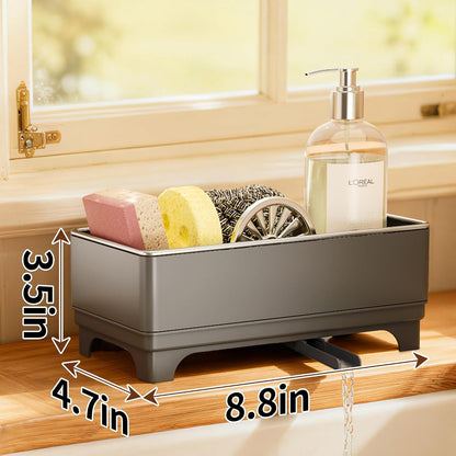 MOUKABAL Sponge Holder for Kitchen Sink – Rustproof Stainless Steel, 360° Rotating Drain Pipe, Large Counter Organizer with Drip Tray for Sponges, Brushes & Dish Cloths Black
