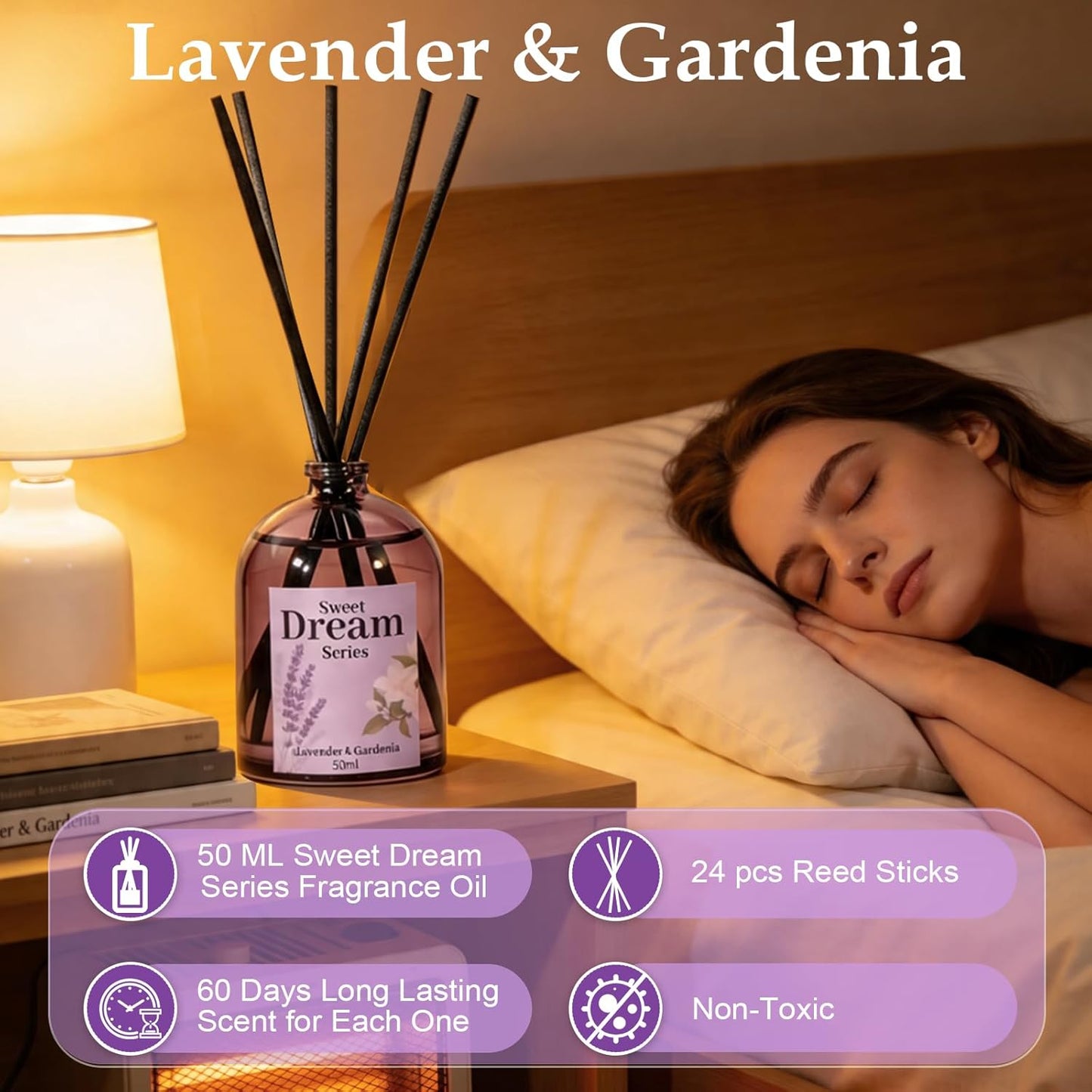 STRN Reed Diffuser Sets, Lavender Scented Oil Diffuser, Fragrance Reed Diffuser with 24 Sticks, 6.8 Fl.oz (200ml), 4 Scents Long-Lasting Air Freshener for Bedroom Bathroom Home Décor