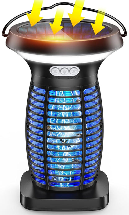 PhatroyYee Solar Bug Zapper Outdoor, 3-in-1 Mosquito Zapper Outdoor Solar Powered, Cordless Electric Bug Zapper Indoor with Night Light, Waterproof Fly Zapper for Patio Backyard Home Kitchen Camping