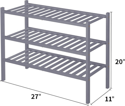 ROMGUAR CRAFT 3 Tier Bamboo Shoe Rack for Closet Free Standing Wood Shoe Shelf Storage Organizer for Entryway Small Space Stackable 27"x11"x20" (Natural)