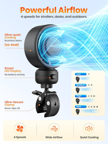 Warmco Portable Stroller Fan, 4000mAh Rechargeable Clip On Fan for Baby | Secure Clamp, Up to 15H Runtime, Protective Grille, Quiet, 360° Rotatable, Removable Cover, LED Display