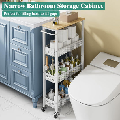 Giwil Slim Storage Cart 5 Tier Narrow Kitchen Rolling Cart on Wheels for Small Space, Metal Utility Cart Narrow Bathroom Storage Cabinet Mobile Shelf Unit Organizer with Wood Top and Handle, Black