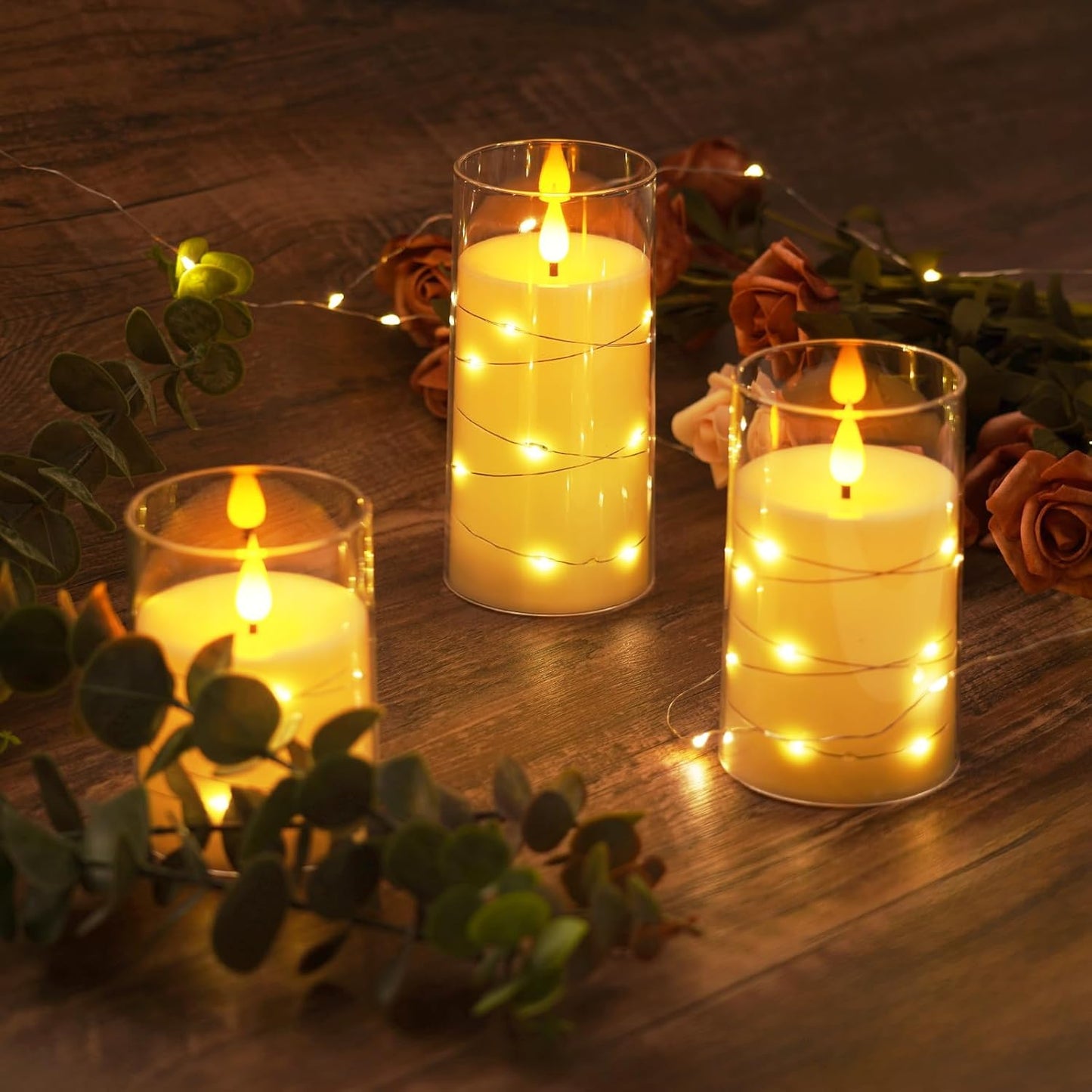 Amagic Red Flameless Candles 3 Set, Flickering Battery Operated Candles Embedded Fairy String Light, Realistic Pillar Candle with Remote Control and Timer, Acrylic, D3 x H4 5" 6"