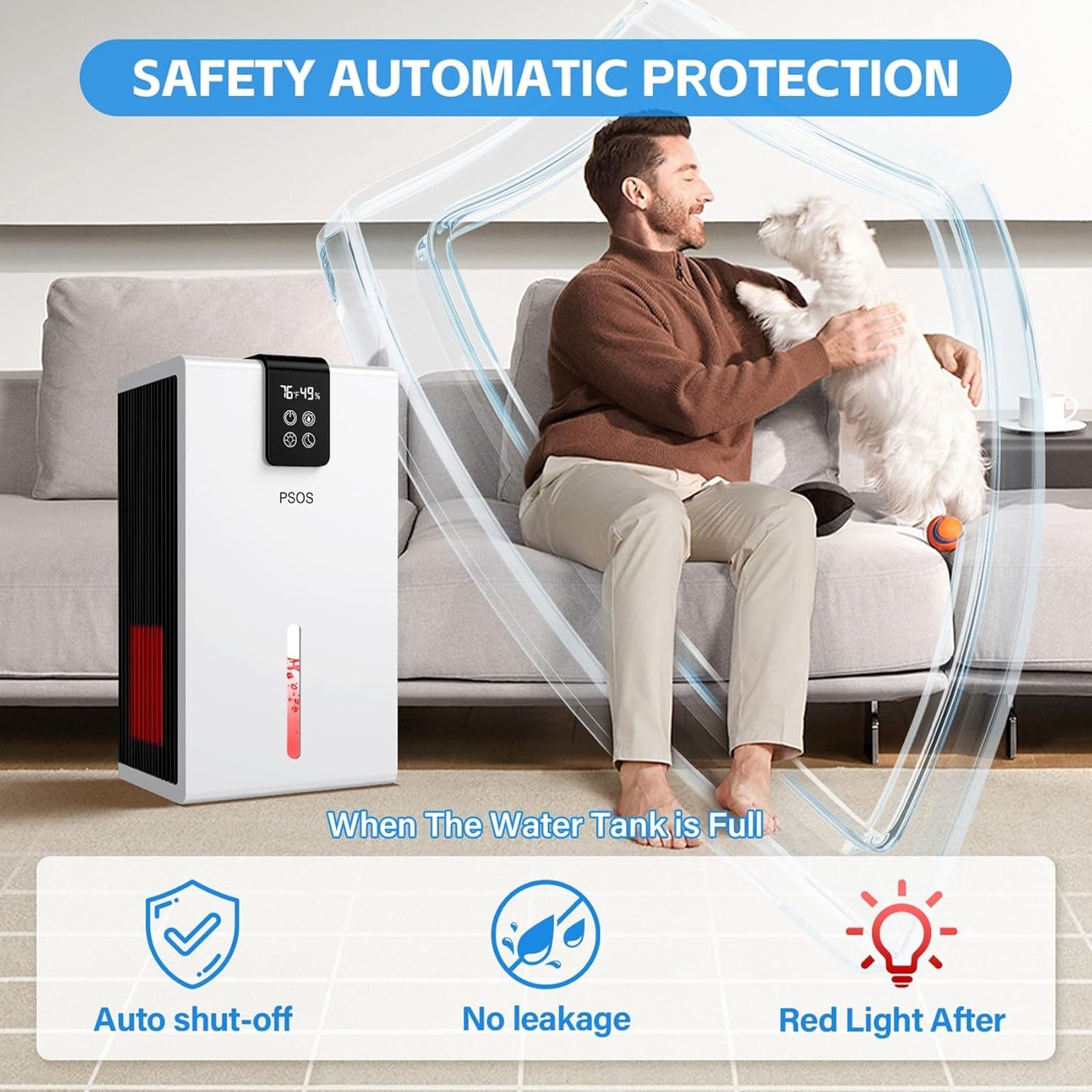 PSOS Dehumidifier, Dehumidifiers for Home, 98 OZ Water Tank, (1000 sq.ft) Quiet Dehumidifier for Bathroom Basement Bedroom with Humidity Display, Relaxing 7 Color Ambient Light, Auto Shut Off(White)