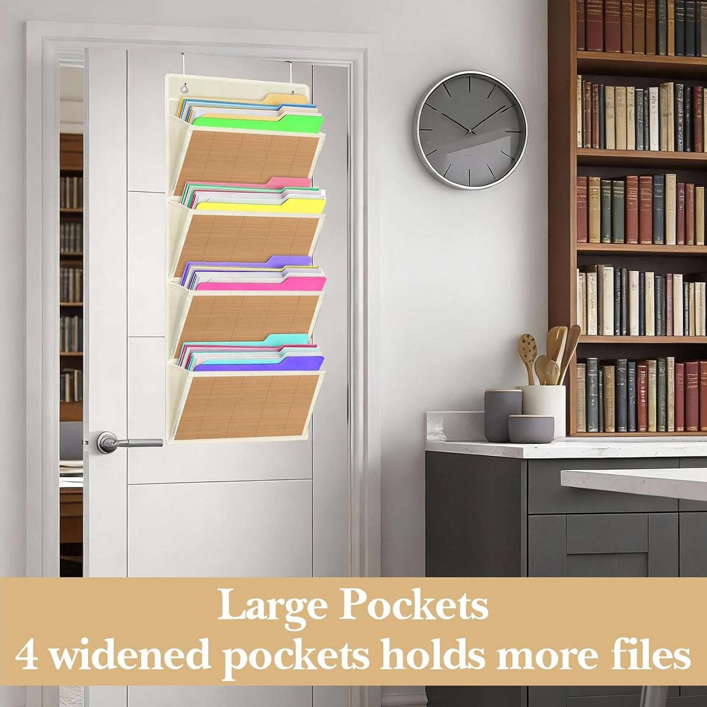 homyfort Over the Door File Organizer, Wall Hanging File Folders with 5 Large Pocket for Mails, Magazines, Back to School Supplies,Office Chart Storage, Paper Organization (Grey)