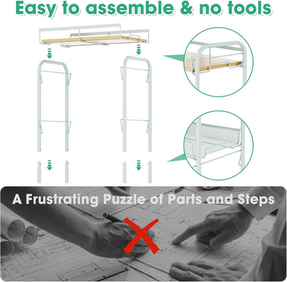 TOOLF 4-Tier Slim Rolling Cart, Metal Utility Cart, Slide Out Storage Cart with Wooden Tabletop and Mesh Baskets for Narrow Space on Kitchen Bathroom Laundry Room Bedroom Apartments Dormitory