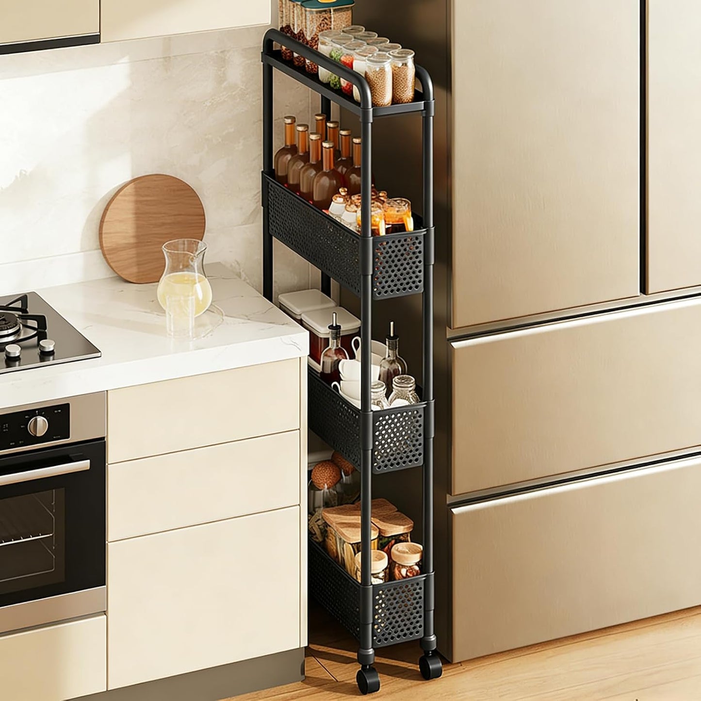 Slim Storage Cart, Plastic Kitchen Gap Storage, Multi-Layer Organizer with 360° Swivel Wheels for Kitchen Bathroom (Black,3 Tier)