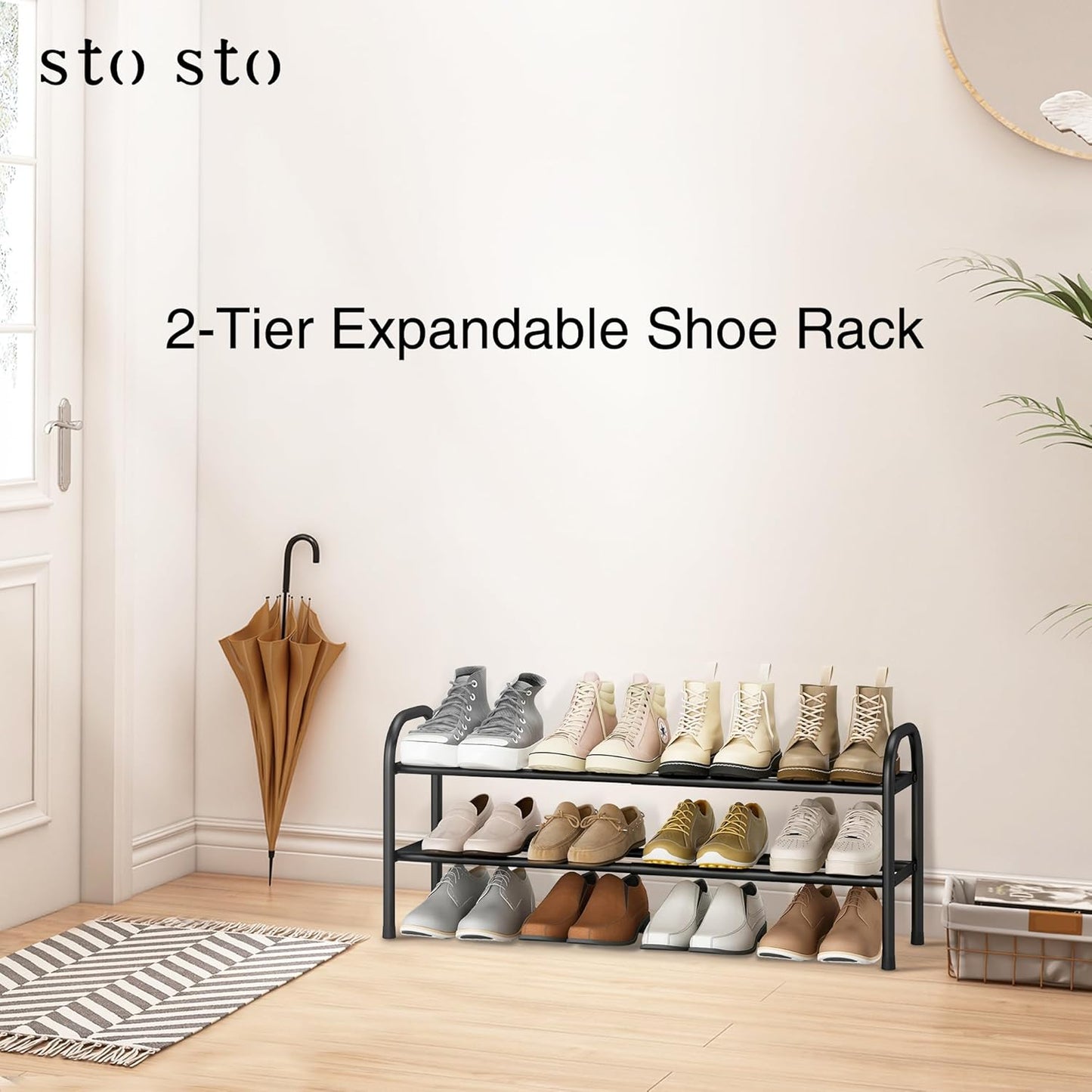 STO STO Expandable Shoe Rack, 3-Tier Metal Small Shoe Rack for Closet, Up to 16 Pairs Adjustable Shoes Racks Storage for Front Door Entrance, Free Standing Shoes Rack Organizer for Entryway, Black