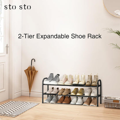 STO STO Expandable Shoe Rack, 3-Tier Metal Small Shoe Rack for Closet, Up to 16 Pairs Adjustable Shoes Racks Storage for Front Door Entrance, Free Standing Shoes Rack Organizer for Entryway, Black