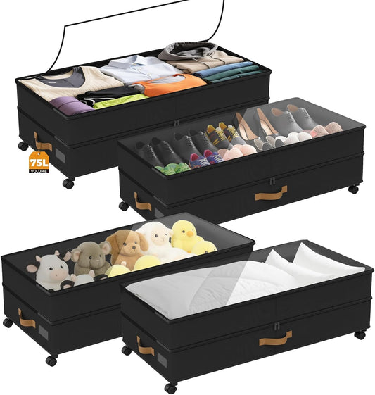 Under Bed Storage with Wheels 2-Pack, 75L XXL Under the Bed Storage Containers Large, 12" Tall Adjustable Storage for Underbed with Lids, Rolling for Shoes, Clothes, Blankets (Grey)
