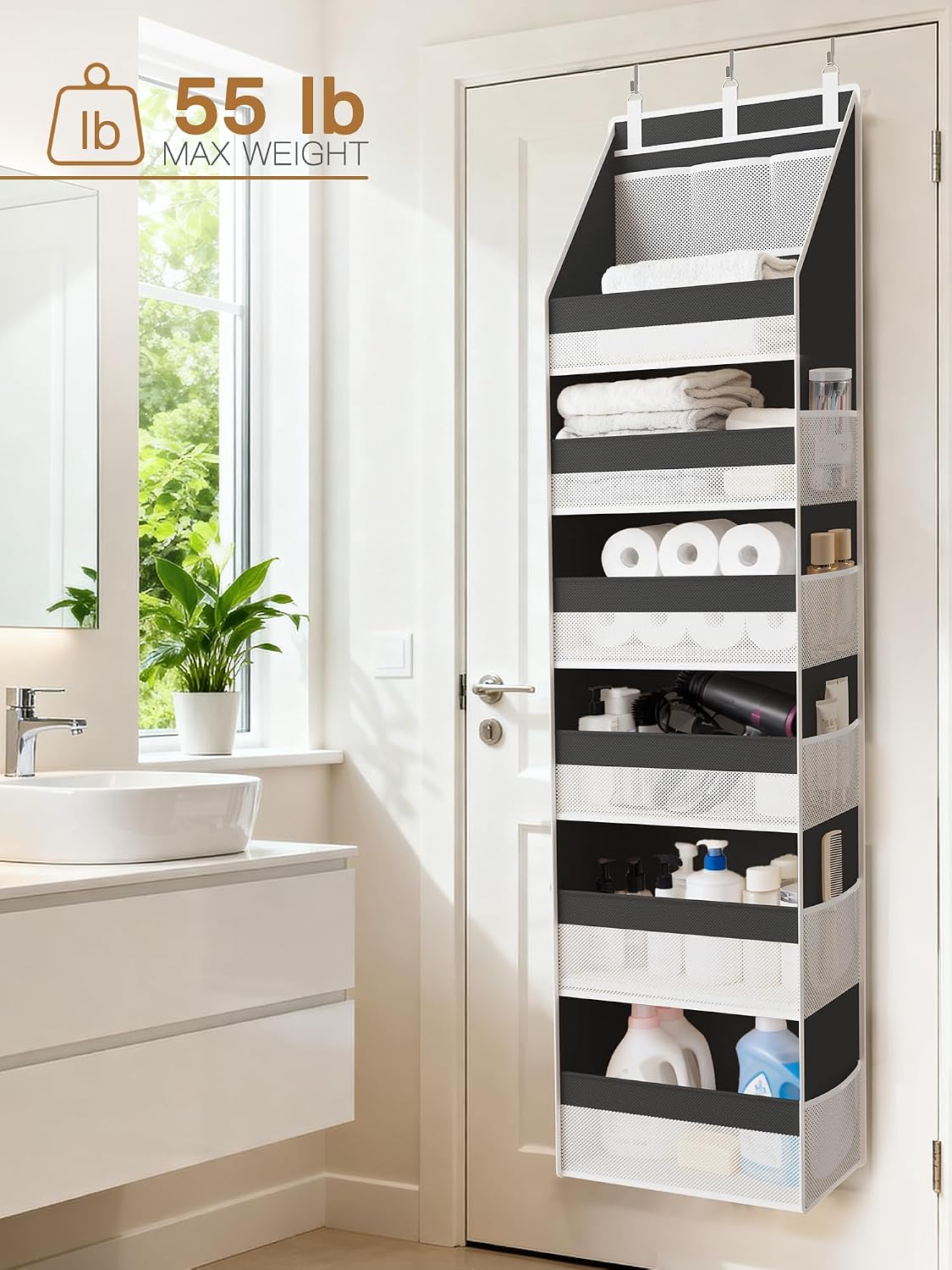 Criusia Over The Door Organizer, Heavy-Duty 6-Shelf Hanging Storage with 13 Mesh Pockets, 55lbs Capacity Behind The Door Storage for Nursery, Bathroom, Bedroom, and Dorm, Grey