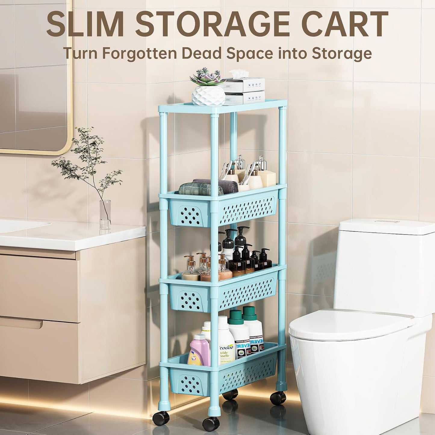 Slim 4 Tier Rolling Storage Cart Narrow Bathroom Organizer on Wheels Blue | 6.7" wide for tight bathroom/kitchen gaps, extra-tall tier, 360° casters, quick-dry shelves, tool-free storage rack