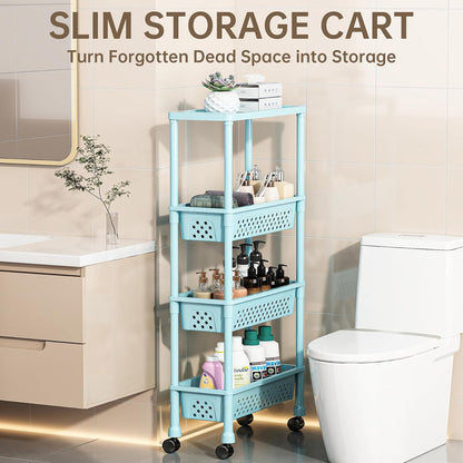 Slim 4 Tier Rolling Storage Cart Narrow Bathroom Organizer on Wheels Blue | 6.7" wide for tight bathroom/kitchen gaps, extra-tall tier, 360° casters, quick-dry shelves, tool-free storage rack