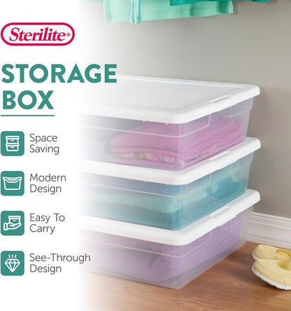 Sterilite 6 Pack Storage Box, 41 Quart Stackable Tote, Clear Plastic Container with Secure Snapping White Lids for Home and Office Organization