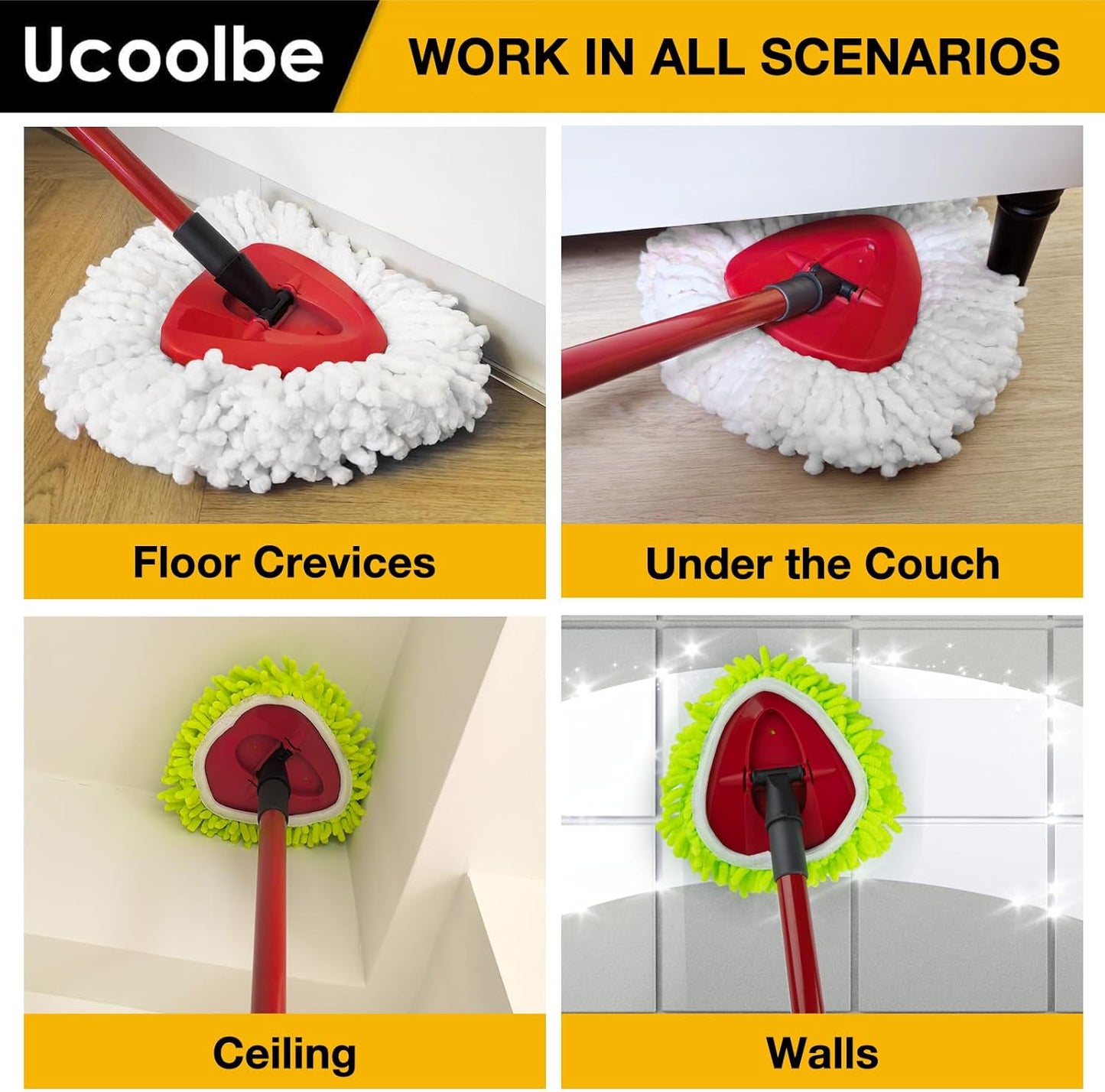 Spin Mop Replacement Head for O Cedar 2 Tank RinseClean, 4 Microfiber mop Refill, 1 Scrub Brush, 1 Mop Stick, 1 Mops Base, Deep Cleaning, 30" to 58" Mop Handle Replacement