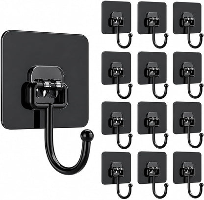 Heavy Duty Adhesive Hooks 60lb Max, 12 Pack Wall Hooks, Strong Stick On Hooks Traceless Waterproof & Rustproof for Bathroom Kitchen Home Hanging (12, Clear)