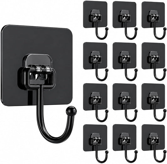 Heavy Duty Adhesive Hooks 60lb Max, 12 Pack Wall Hooks, Strong Stick On Hooks Traceless Waterproof & Rustproof for Bathroom Kitchen Home Hanging (12, Clear)