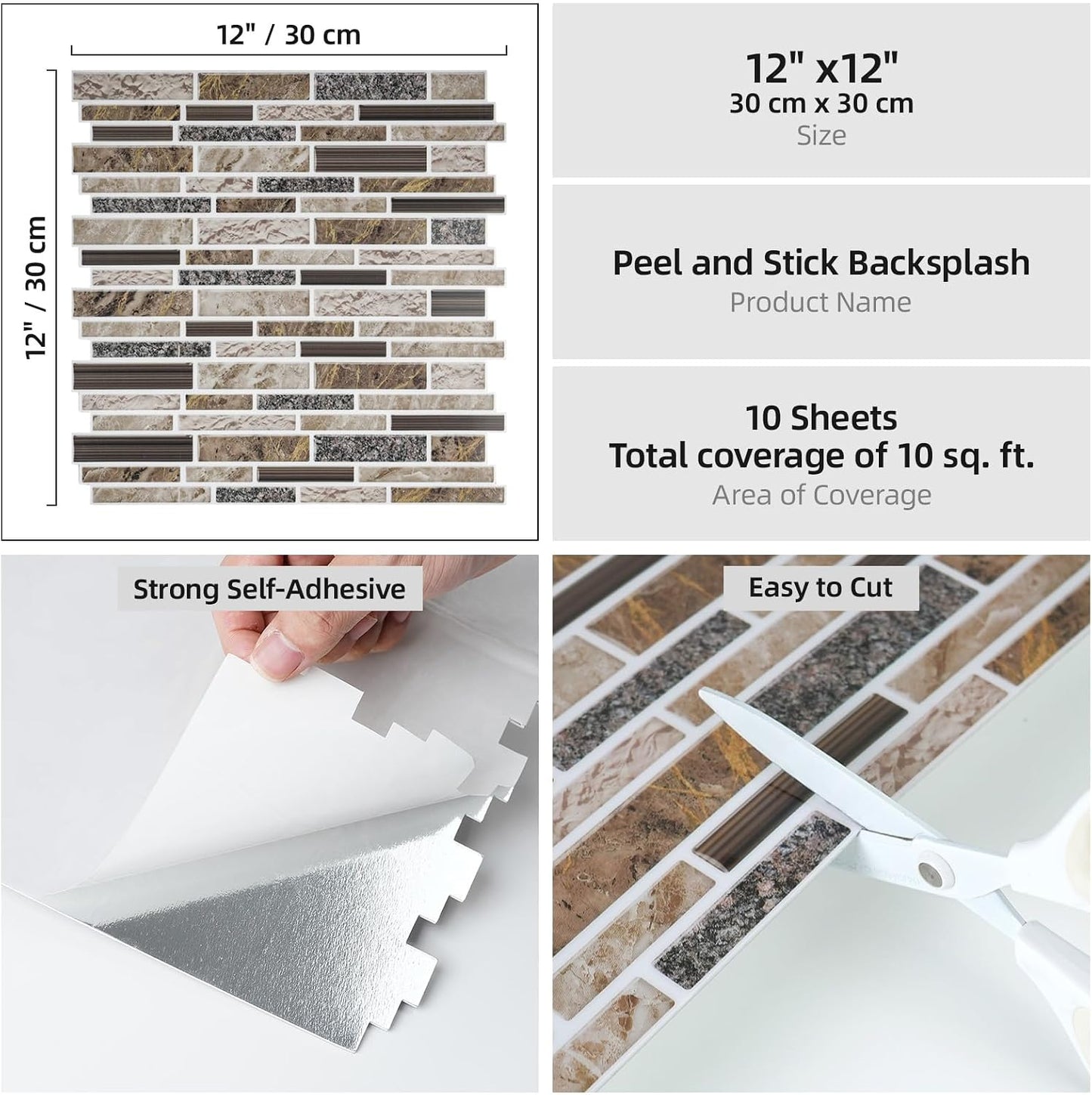 Vieshful 10 Sheet Peel and Stick Backsplash for Kitchen Wall - 12"x12" Smooth PVC 3D Visual Effect Marble Tile Stickers, Waterproof Self Adhesive Light Khaki Wall Tiles for Bathroom, Renter Friendly