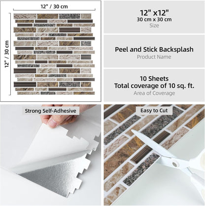 Vieshful 10 Sheet Peel and Stick Backsplash for Kitchen Wall - 12"x12" Smooth PVC 3D Visual Effect Marble Tile Stickers, Waterproof Self Adhesive Light Khaki Wall Tiles for Bathroom, Renter Friendly