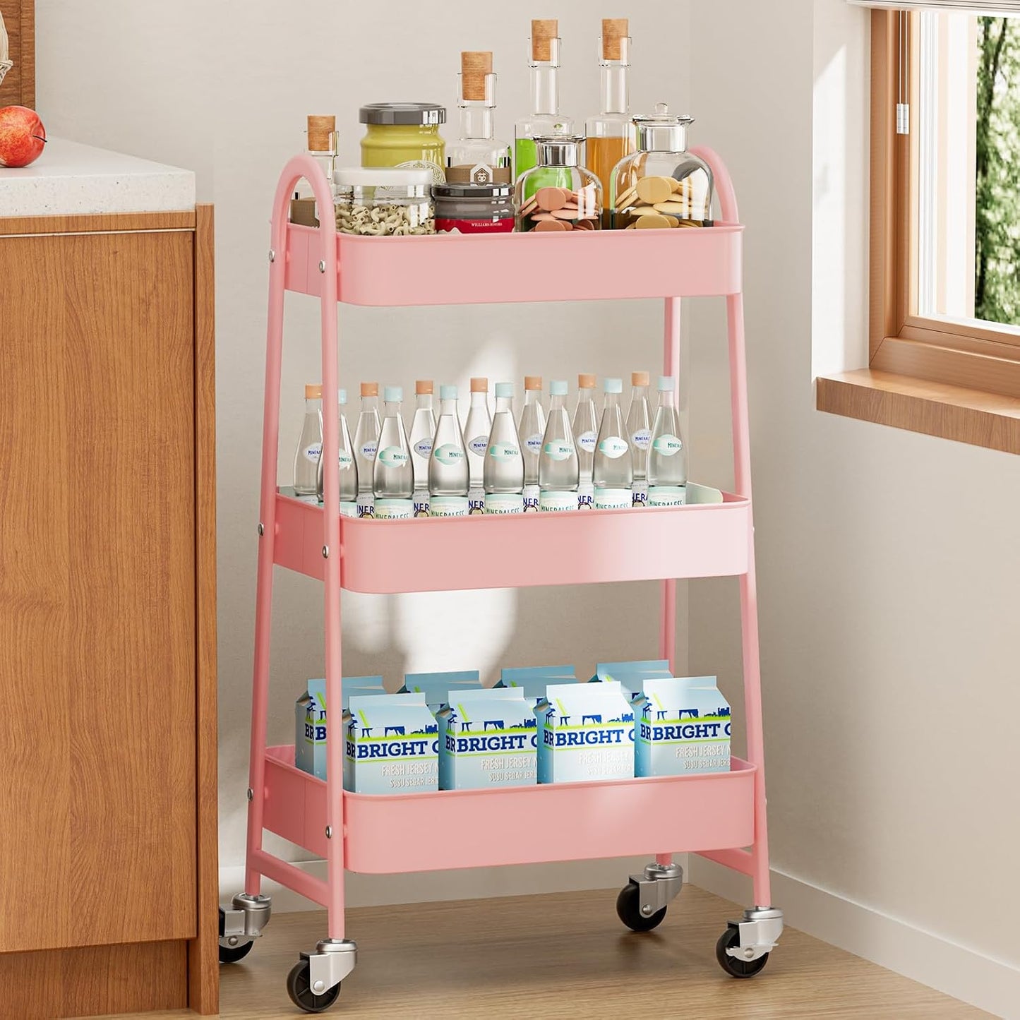NEWBULIG 3-Tier Rolling Storage Cart, Metal Mobile Utility Organizer Shelf with Lockable Wheels, Space-Saving Freestanding Storage for Bathroom Living Room and Narrow Corner Spaces, Green