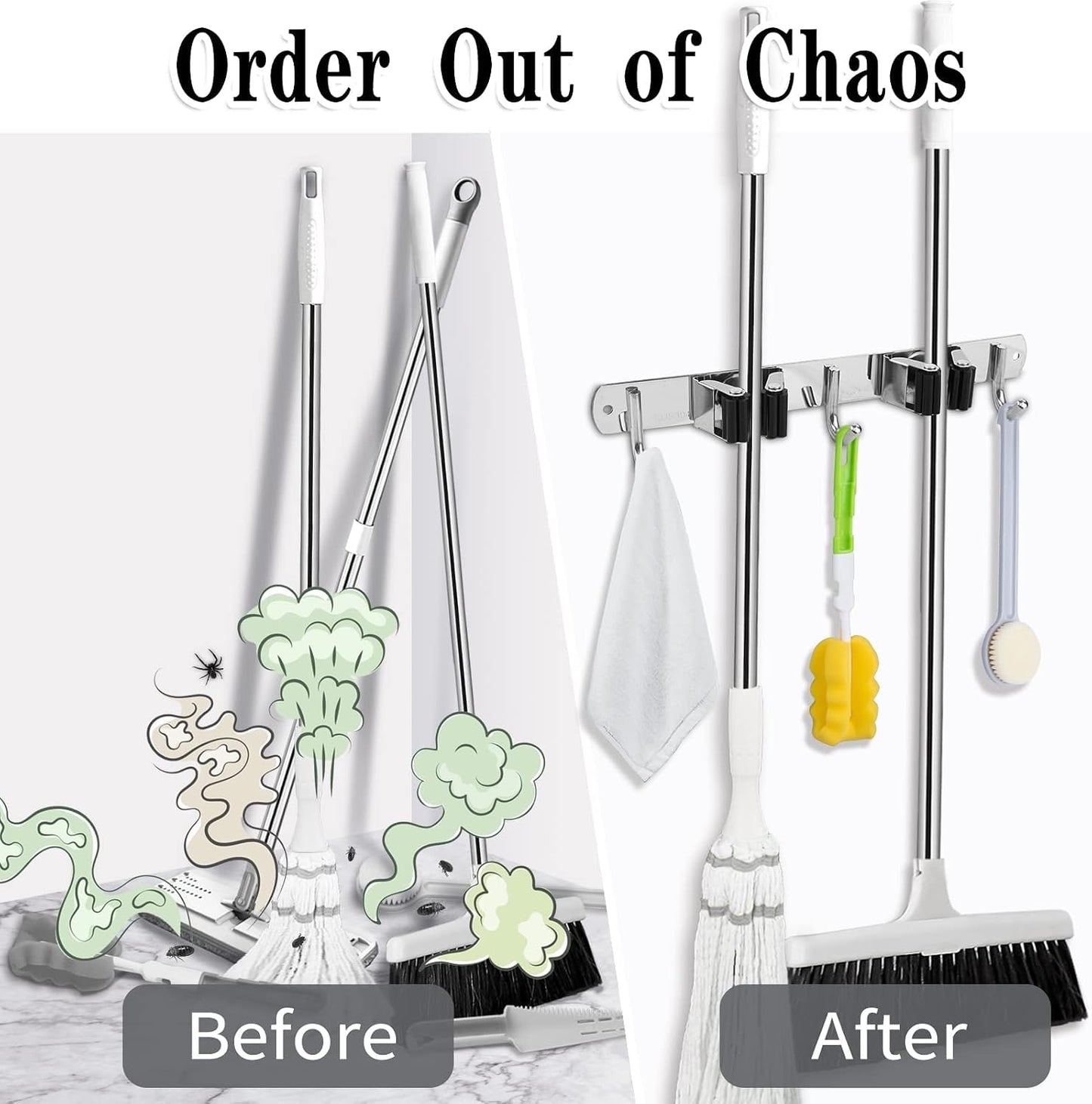 AceMining Broom Holder Wall Mount, 3 Racks 4 Hooks Heavy Duty Mop Organizer | Mop Holder Wall Mount and Broom Hanger for Garage, Laundry Room, Kitchen and Utility Storage