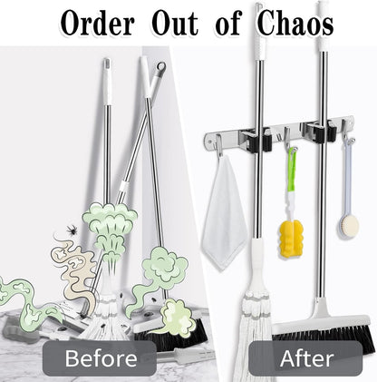 AceMining Broom Holder Wall Mount, 3 Racks 4 Hooks Heavy Duty Mop Organizer | Mop Holder Wall Mount and Broom Hanger for Garage, Laundry Room, Kitchen and Utility Storage