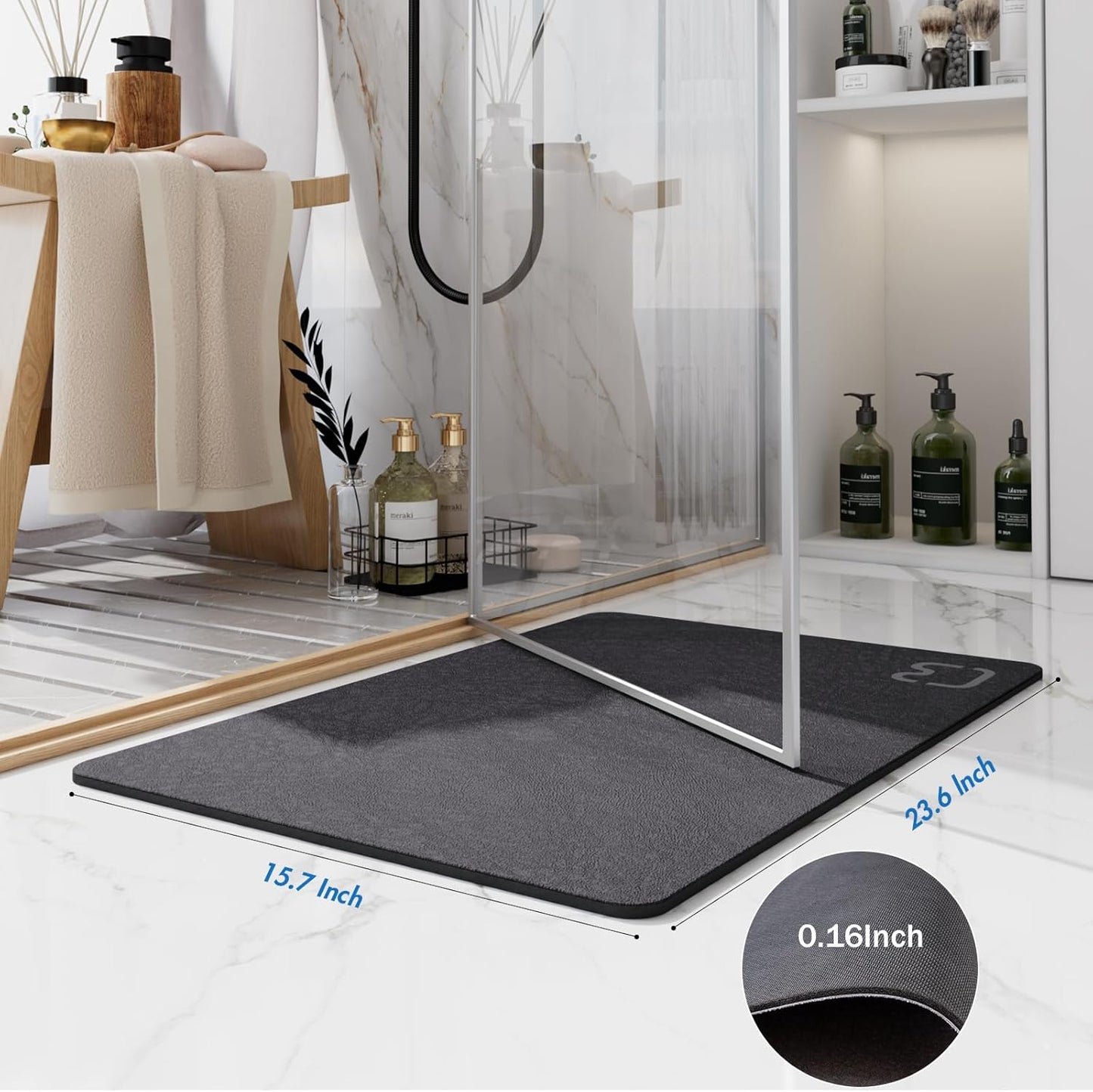 Diatomaceous Earth Bath Mat Rugs Super Absorbent Diatomite Stone Bath Mat Non Slip Quick Dry Thin Bathroom Mat Fit Under Door, Floor Rugs in Front of Bathtub, Shower Room, Sink,15.7"x23.6", Grey