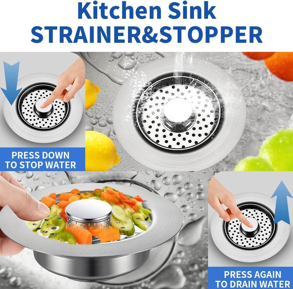 Sink Drain Strainer - Sink Stopper, 3-in-1 Kitchen Stainless Steel Drain Plug with Anti-Clog Basket, Pop-Up Cover