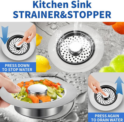 Sink Drain Strainer - Sink Stopper, 3-in-1 Kitchen Stainless Steel Drain Plug with Anti-Clog Basket, Pop-Up Cover
