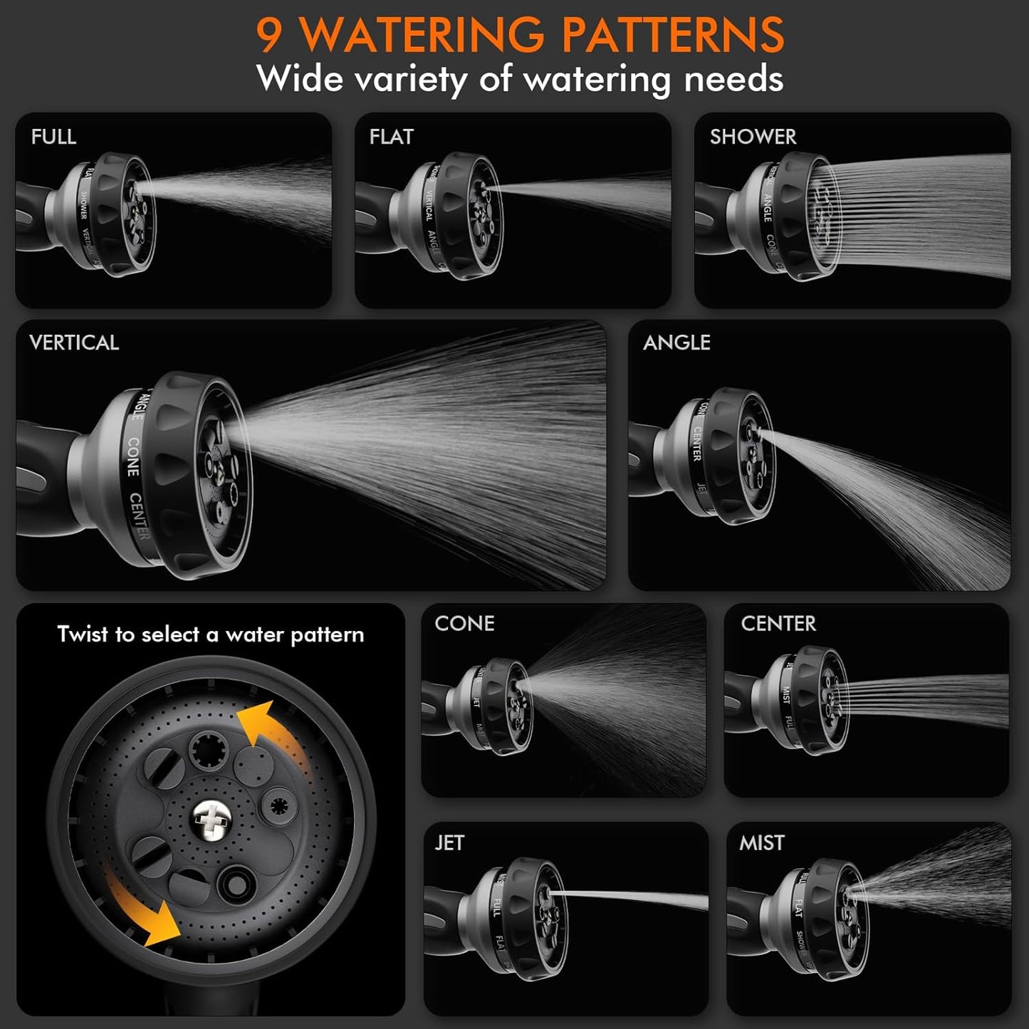 RESTMO Hose Nozzle Heavy Duty, Metal Water Hose Sprayer for Garden | 9 Spray Patterns, High Pressure, Thumb Flow Control, On/Off Valve, Ideal for Outdoor Lawn & Plant, Car & Pet, Black