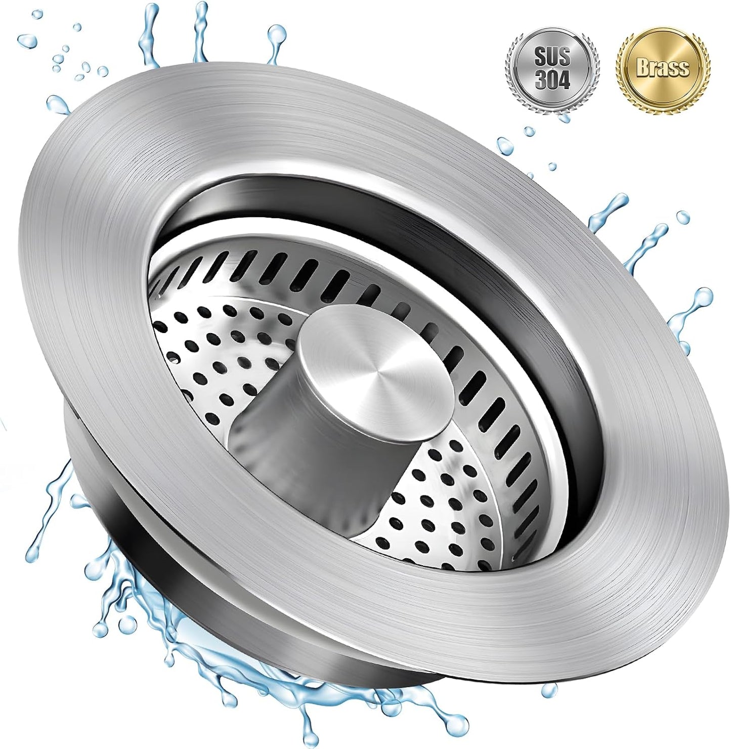 Kitchen Sink Drain Strainer Stainless Steel Stopper Anti-Clog Basket | 3-in-1 design, pop-up button for easy use, all metal heavy duty, anti-clogging