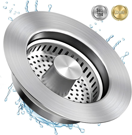 Kitchen Sink Drain Strainer Stainless Steel Stopper Anti-Clog Basket | 3-in-1 design, pop-up button for easy use, all metal heavy duty, anti-clogging