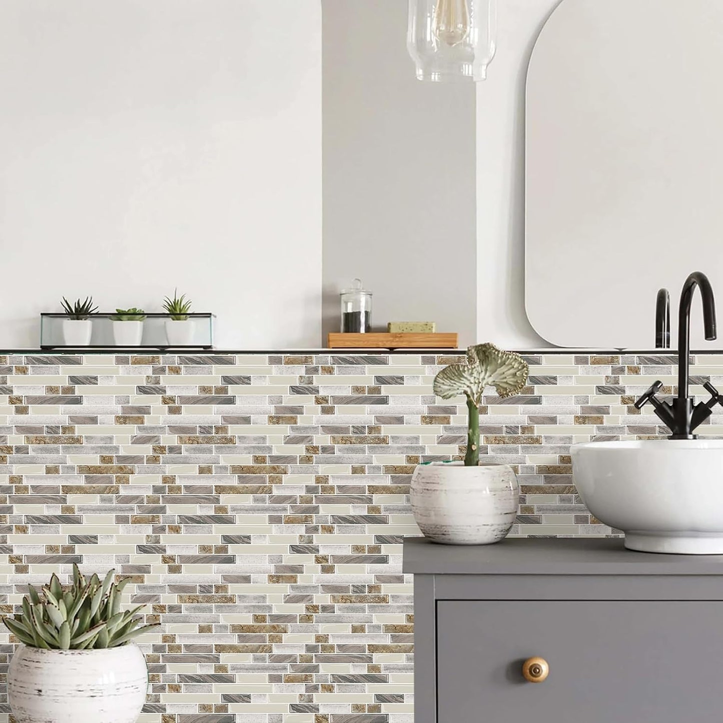 STICKGOO Thicker Design Peel and Stick, Self Adhesive Stick On Tile Backsplash for Kitchen and Bathroom, Beige & White, 12”×12”, 10 Sheets