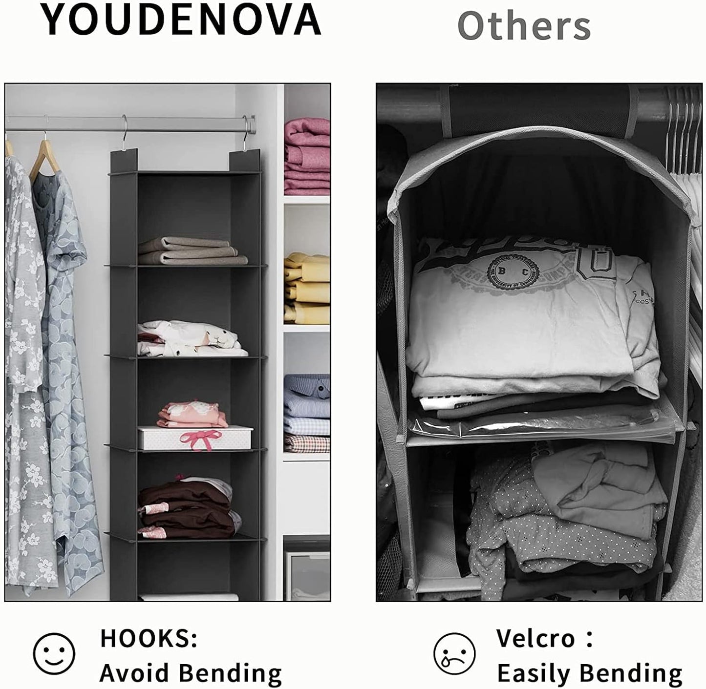 YOUDENOVA Hanging Closet Organizer, 6-Shelf Closet Hanging Shelves, Grey