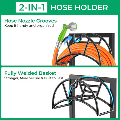 TomCare Garden Hose Holder 4 Spikes Garden Hose Reel Hose Stand Upgraded Water Hose Storage with Tool Hooks Garden Hose Hanger Organizer Holds 160ft Hoses for Outside Yard Lawn, Black