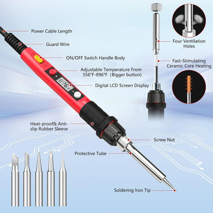 Soldering Iron Kit, 80W 110V LCD Digital Solder Iron Pen with Ceramic Heater, Portable Welding Tools with 5pcs Tips, Stand, Solders Wire, Sponge, Paste, for Metal,Electric Repairs, DIY