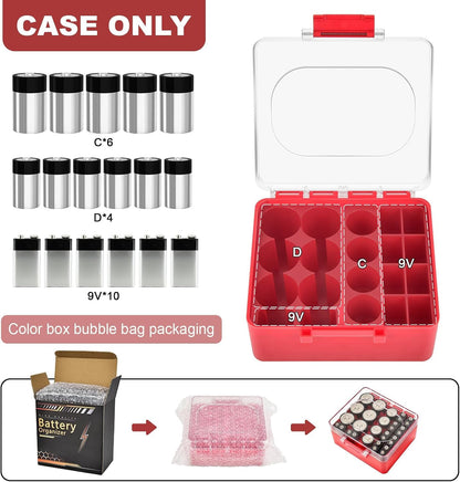 FULLCASE Plastic Battery Organizer with Tester, Battery Storage Case for AA AAA C D 9V Batteries, Portable Battery Holder Box for Home, Travel & Emergency Kits(Case Only) Black