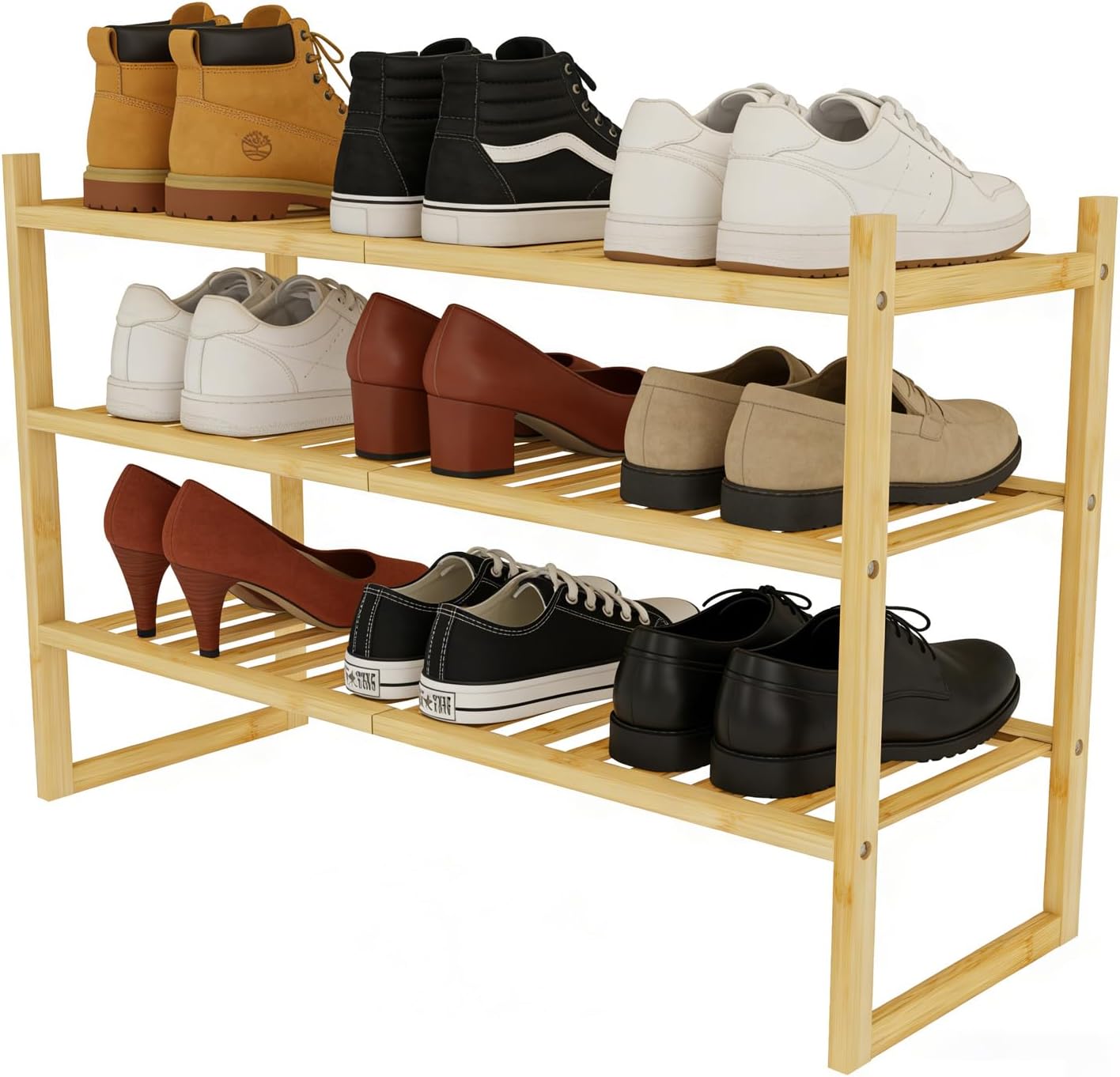 4 Tier Bamboo Wooden Shoe Rack for Closet & Entryway, Free Standing Shoe Rack Stand Organizer Shelf for Garage, Bedroom, Small Space Storage, Stackable