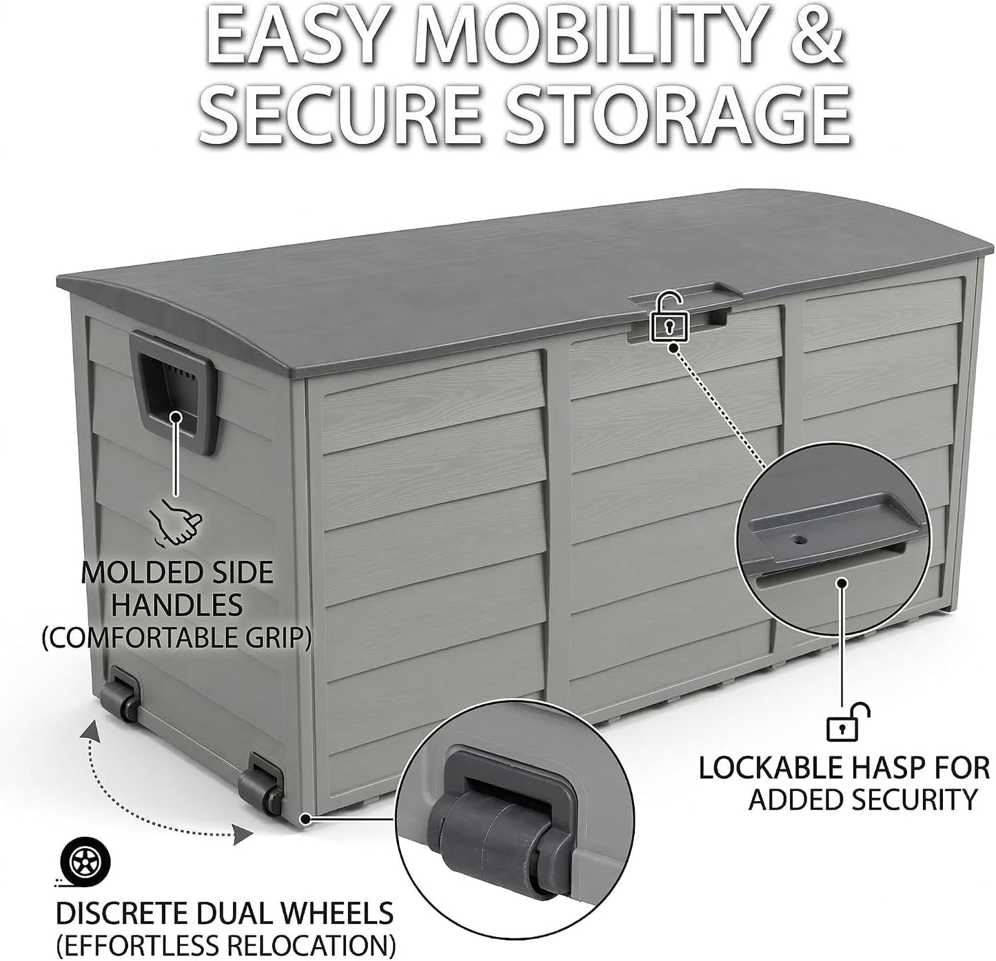 75 Gallon Outdoor Storage Box, 260L Waterproof Resin Deck Box for Patio Furniture Cushions, Garden Tools and Yard Accessories, Lockable Storage Chest with Wheels and Handles (Brown)