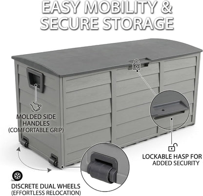 75 Gallon Outdoor Storage Box, 260L Waterproof Resin Deck Box for Patio Furniture Cushions, Garden Tools and Yard Accessories, Lockable Storage Chest with Wheels and Handles (Brown)
