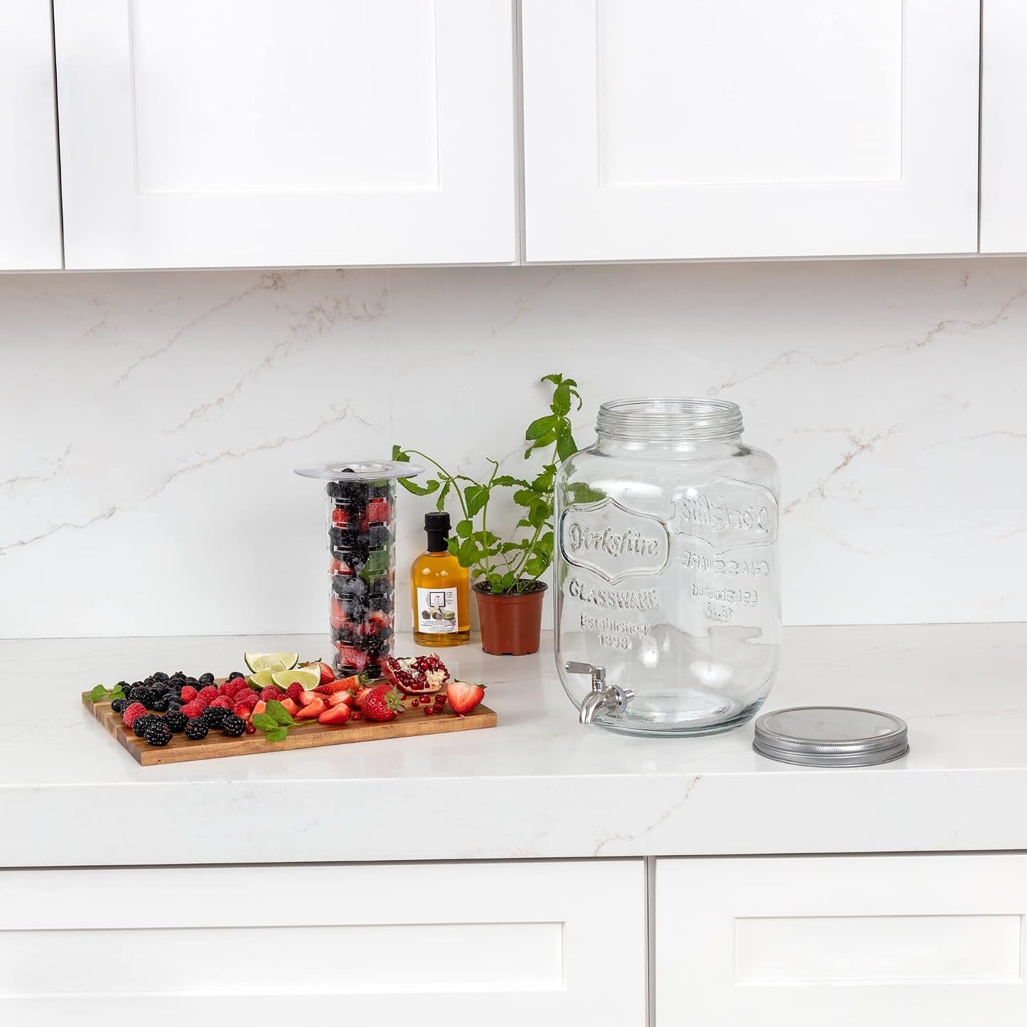 2-Gallon Glass Liquor Decanter Drink Dispenser for Parties - 100% Leakproof Stainless Steel Spigot + Marker & Label and Fruit Infuser, Water Beverage Dispenser Liquid Laundry Detergent Dispenser