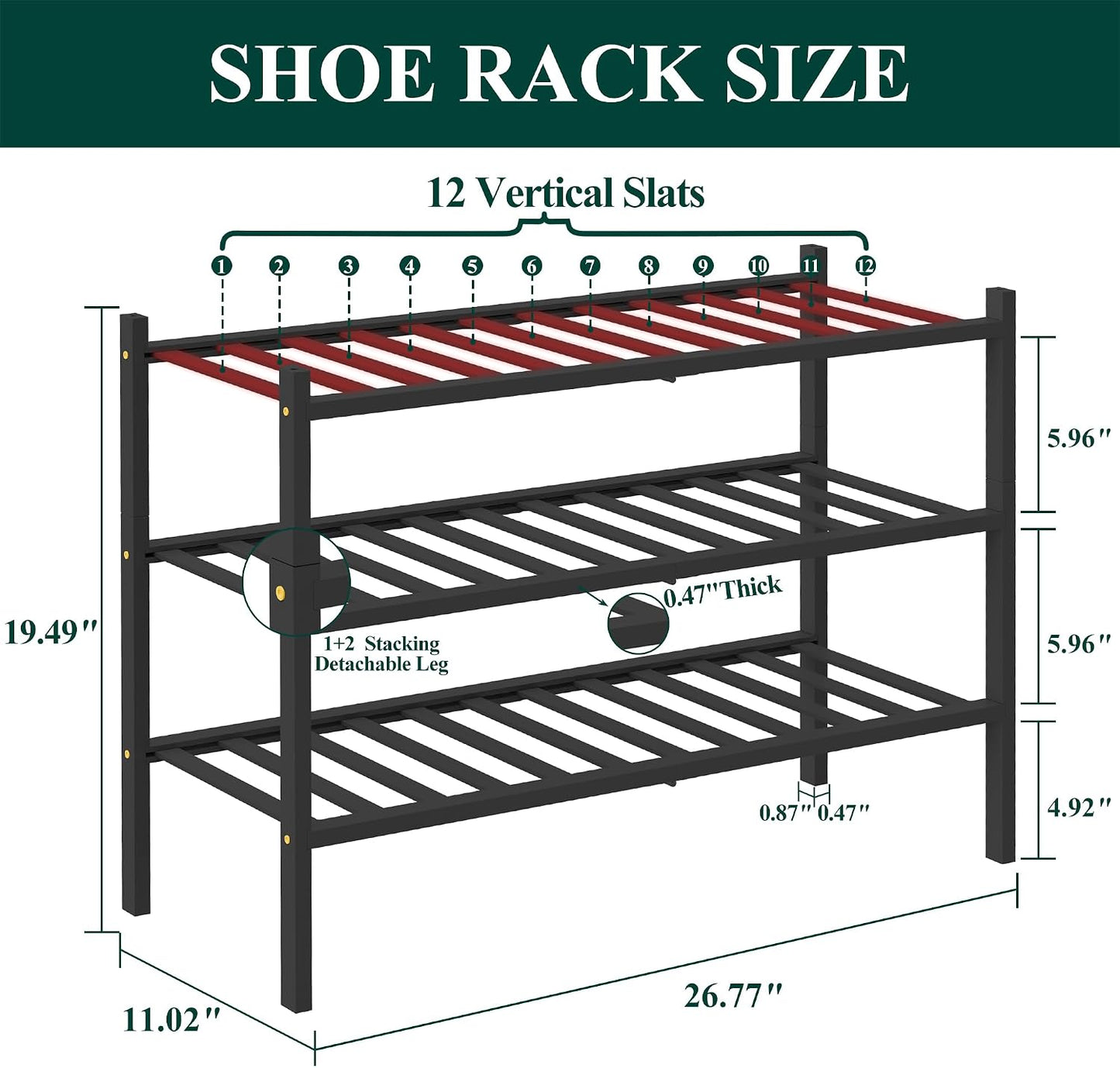 Smiry Bamboo Shoe Rack, 3 Tier Free Standing Wooden Shoe Organizer, Stackable Wood Shoe Storage Shelf for Closet, Entryway, 12 Vertical Slats, 2+1 Stack Standard Legs, 26.8"x11"x19.5", Natural