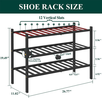 Smiry Bamboo Shoe Rack, 3 Tier Free Standing Wooden Shoe Organizer, Stackable Wood Shoe Storage Shelf for Closet, Entryway, 12 Vertical Slats, 2+1 Stack Standard Legs, 26.8"x11"x19.5", Natural