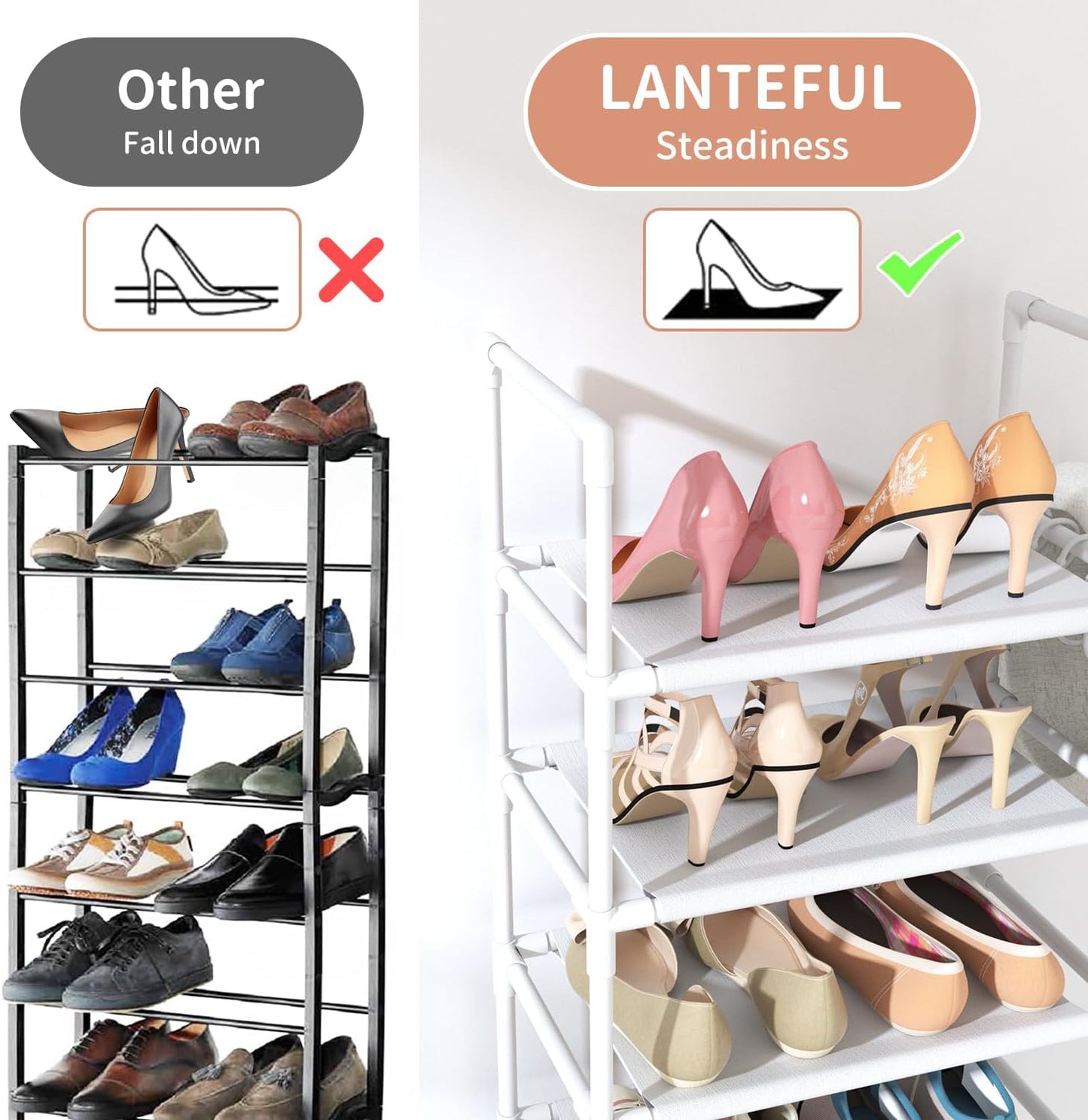 LANTEFUL 10 Tiers Tall Shoe Rack 20-25 Pairs Boots Organizer Storage Sturdy Narrow Shoe Shelf for Entryway, Closets with Hooks, Black