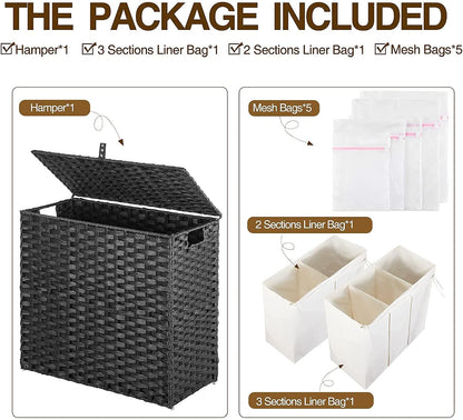 Greenstell Laundry Hamper with Lid, 125L Wicker Laundry Baskets with 2 Removable Liner Bags & 5 Mesh Laundry Bags, Handwoven Rattan Clothes Hamper with Handles for Clothes in Bathroom, Bedroom