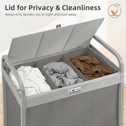 STORAGE MANIAC 3 Section Laundry Sorter, 60 Gal. Laundry Hamper Cart with Heavy Duty Rolling Lockable Wheels and Removable Bags, Clothes Organizer Basket Clothes Separator Hamper, Beige with Lid