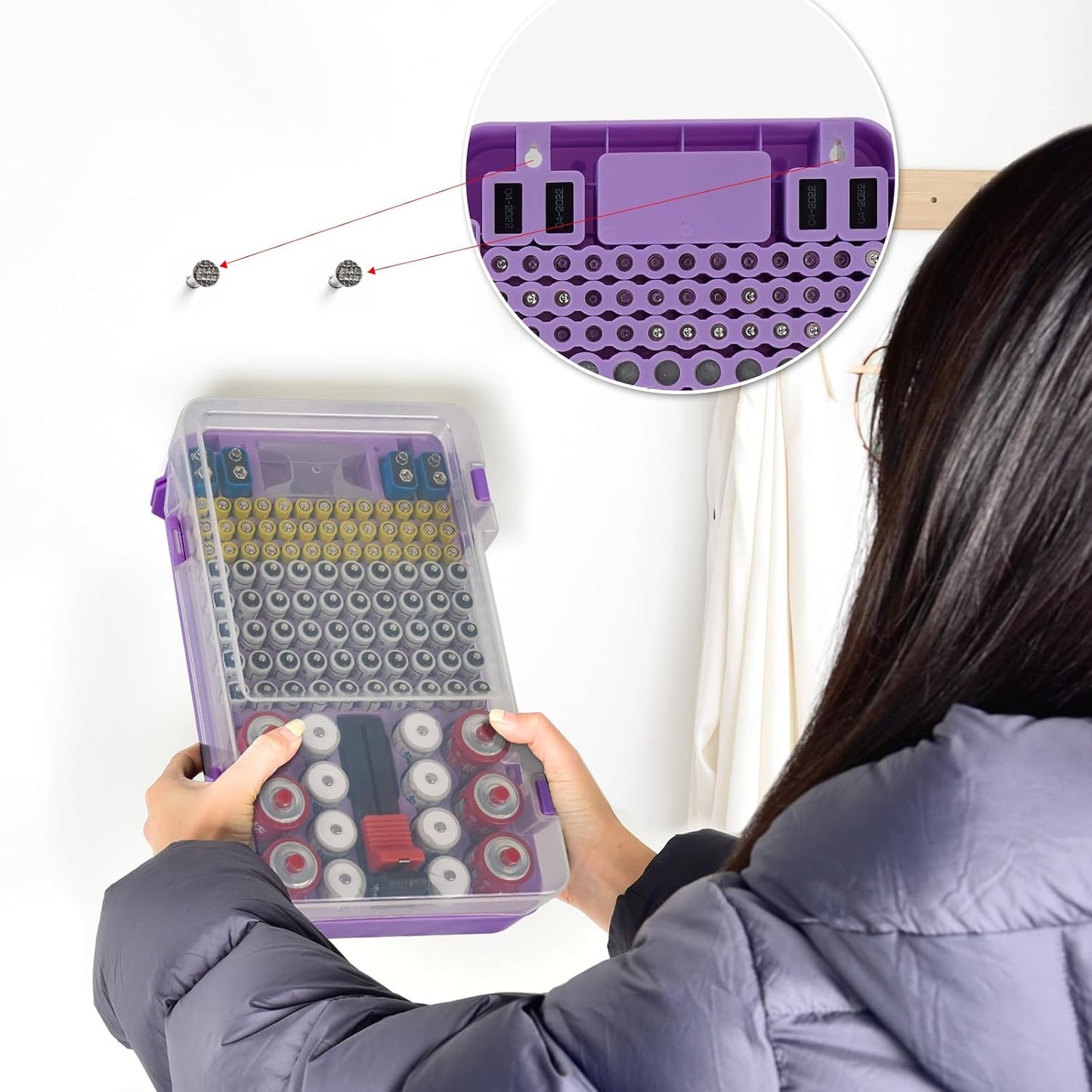 Xuerdon Battery Organizer Storage Case with Tester, 120+ Slots for Home | Hard Plastic for AA AAA C D 9V and Coin Cells, Wall-Mount/Drawer, Home Battery Managemt, Purple, Batteries Not Included