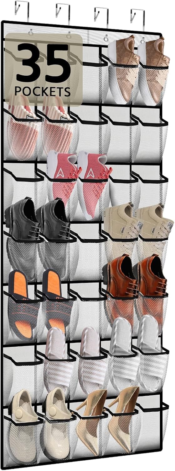 PAULONE 12 Pocket Over the Door Shoe Organizer,Reusable Breathable Large Mesh Bag Men's & Women's Sneaker Organizer,Shoe Organizer for Kids,Hanging Shoe Storage Hanging Bag (White)