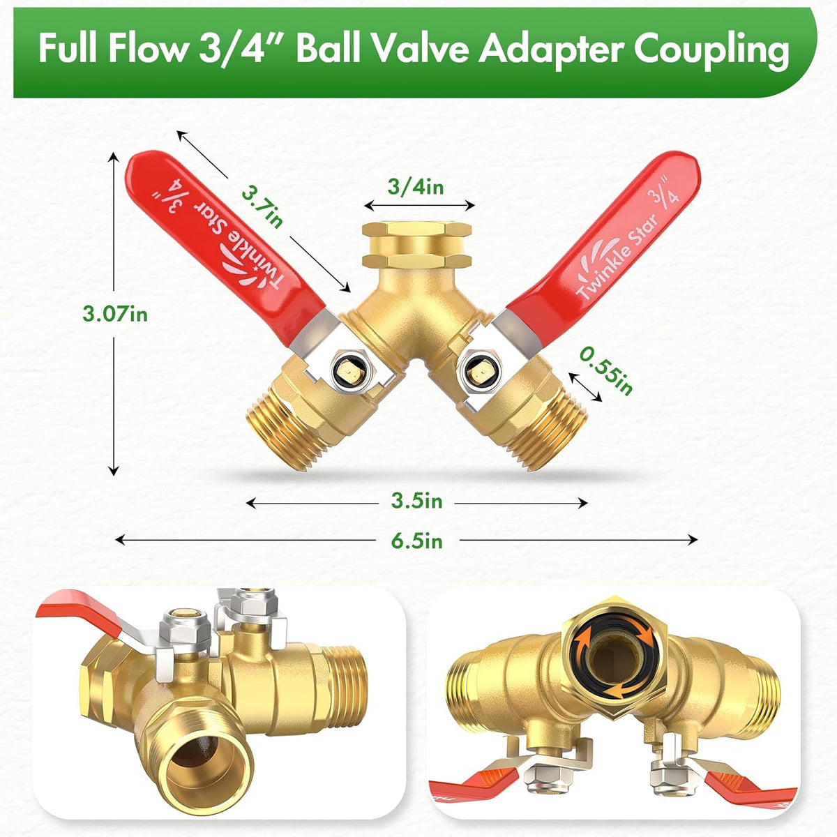 Twinke Star 2 Way Heavy Duty Brass Garden Hose Splitter | Long Handle, 3/4 Inch GHT Thread, Y Connector, Upgraded