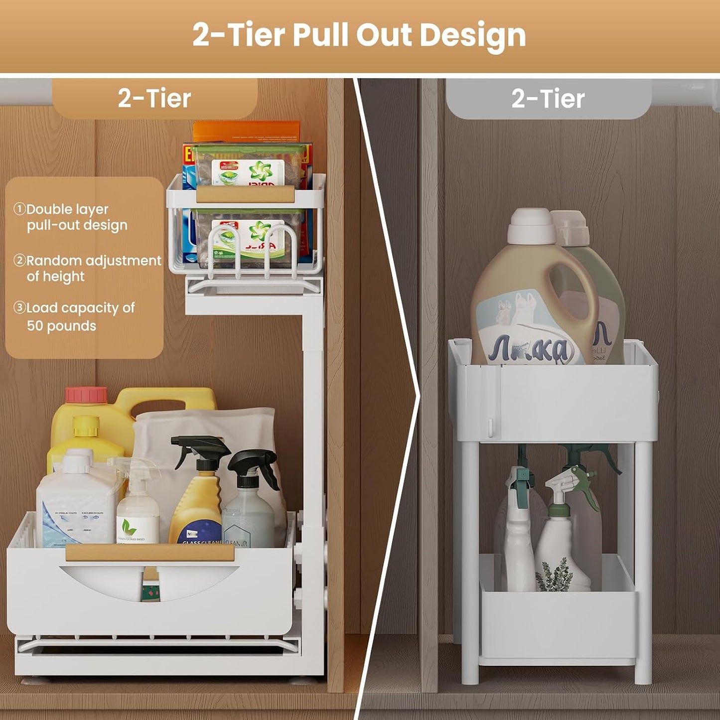 Under Sink Organizer and Storage for Bathroom and Kitchen - 2 Pack 3 Tier Under Cabinet Pull Out Shelf Organizers - Slide Out Drawer Organization for Home Cabinets Shelves and Drawers